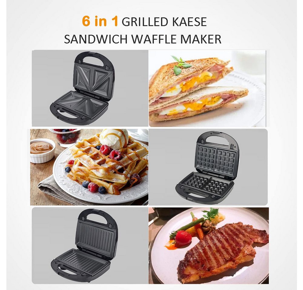 SOKANY Sandwichmaker 6-in-1 Waffel/Panini/Donut Maker, Antihaftbeschichtung, 750 W Bild 4