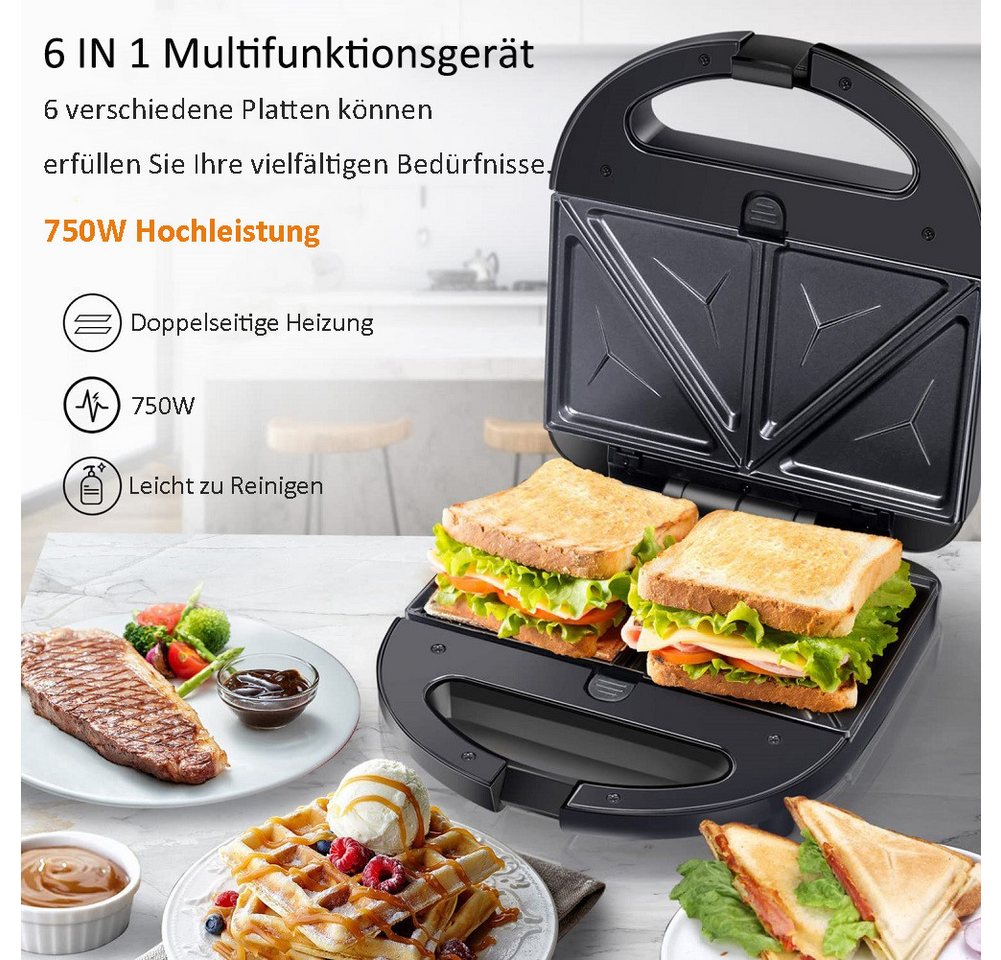 SOKANY Sandwichmaker 6-in-1 Waffel/Panini/Donut Maker, Antihaftbeschichtung, 750 W Bild 5