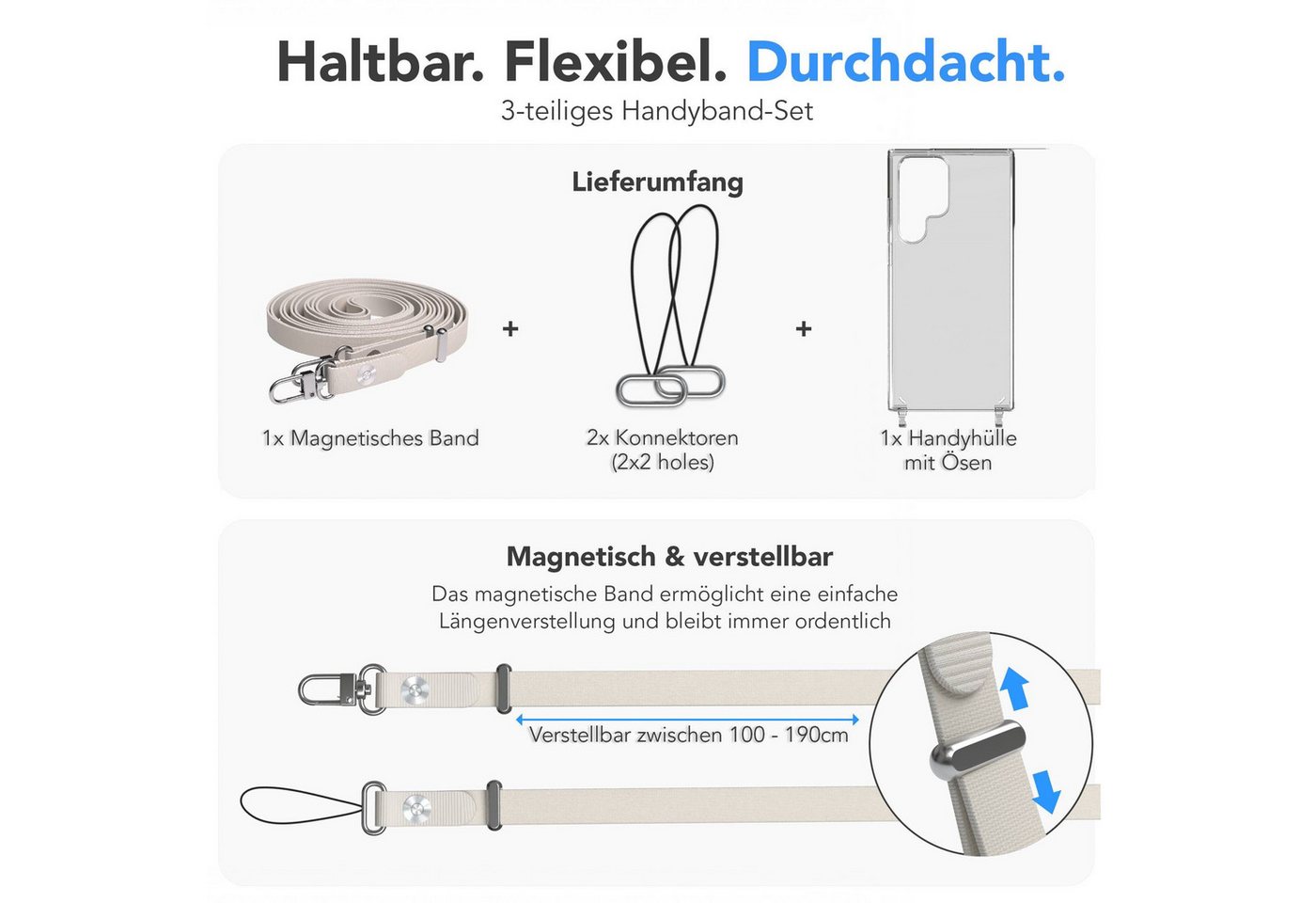 EAZY CASE Handykette für Samsung Galaxy S23 Ultra Handyhülle mit Handyband magnetisch, Handykordel in Taupe mit Magnetband für Hüllen mit 2x2 Löchern Bild 4