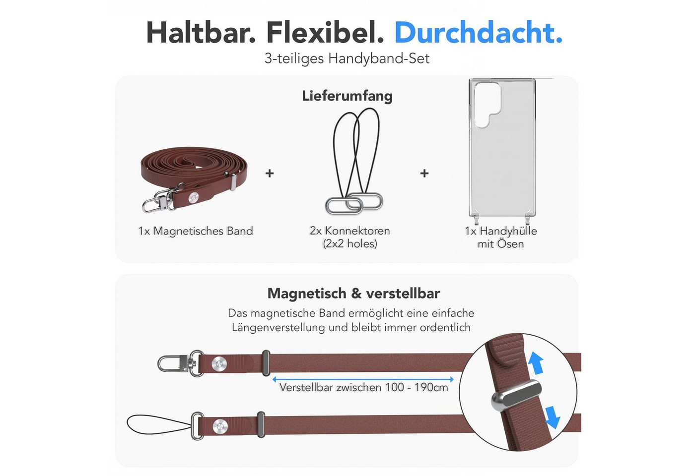 EAZY CASE Handykette für Samsung Galaxy S23 Ultra Handyhülle mit Handyband magnetisch, Minimalistisches Handyband in Dunkelbraun mit Magnetverschluss