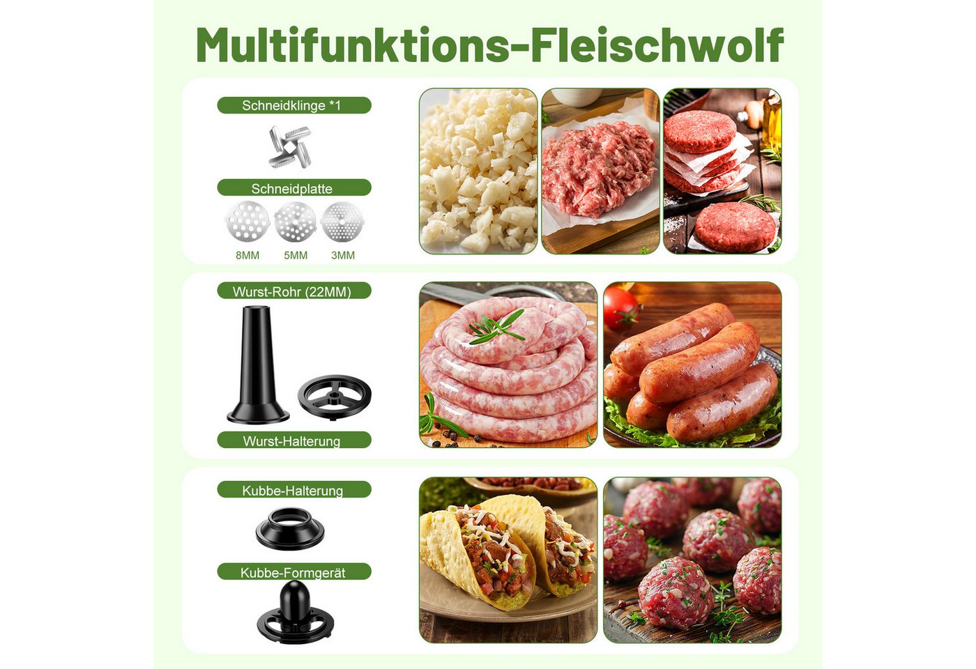 oyajia Fleischwolf 3-in-1 Elektrischer Fleischwolf mit Wurstfüller Edelstahlklingen, 2000 W, 3 Mahlplatten & Kubbe-Zubehör,Klein für Haushalt & Einfach zu Reinigen