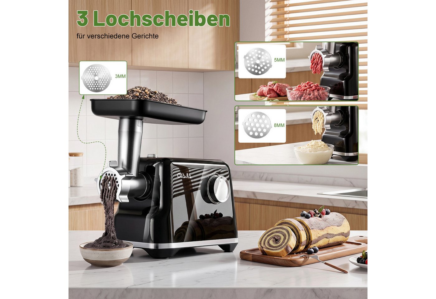 oyajia Fleischwolf 3-in-1 Elektrischer Fleischwolf mit Wurstfüller Edelstahlklingen, 2000 W, 3 Mahlplatten & Kubbe-Zubehör,Klein für Haushalt & Einfach zu Reinigen Bild 2