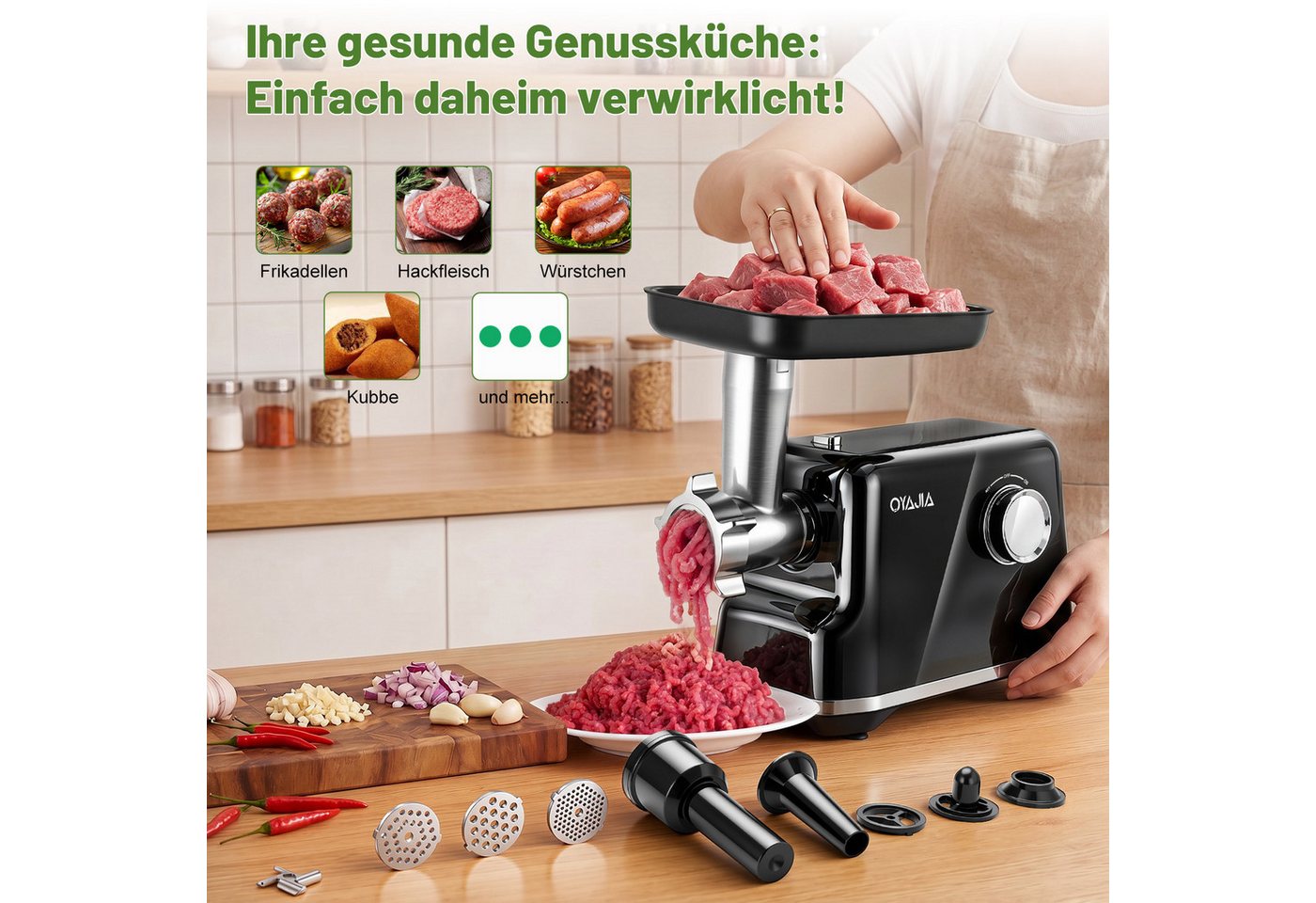 oyajia Fleischwolf 3-in-1 Elektrischer Fleischwolf mit Wurstfüller Edelstahlklingen, 2000 W, 3 Mahlplatten & Kubbe-Zubehör,Klein für Haushalt & Einfach zu Reinigen Bild 3