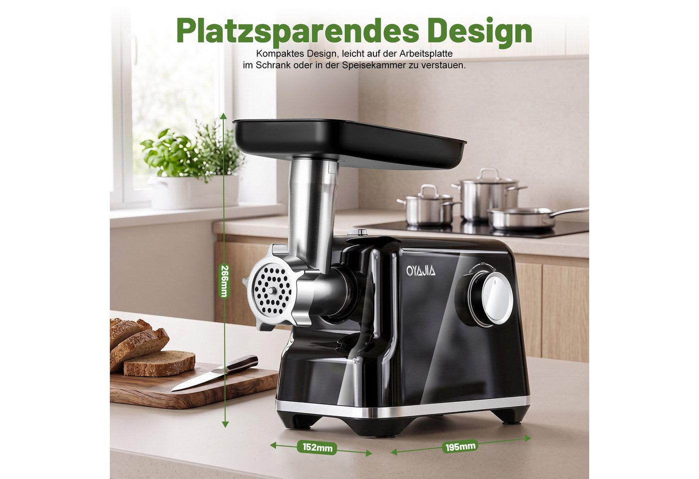 oyajia Fleischwolf 3-in-1 Elektrischer Fleischwolf mit Wurstfüller Edelstahlklingen, 2000 W, 3 Mahlplatten & Kubbe-Zubehör,Klein für Haushalt & Einfach zu Reinigen Bild 4
