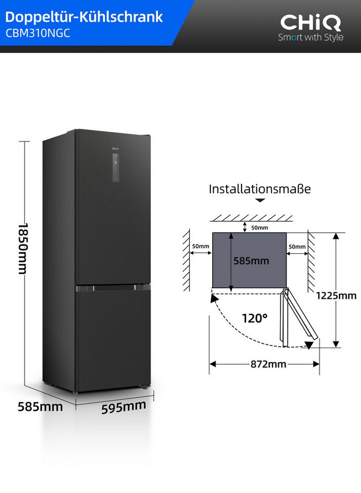 CHiQ Kühl-/Gefrierkombination Pure Flat CBM310NGC, 185 cm hoch, 59.5 cm breit, Total No Frost, EEK C, 3 Temperaturmodi Bild 2