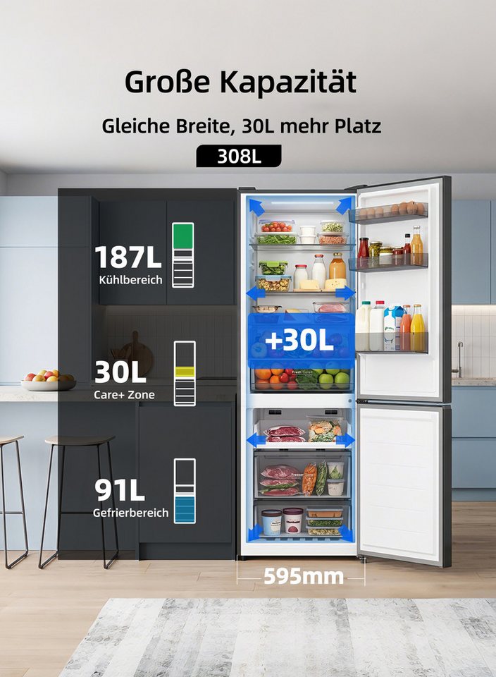 CHiQ Kühl-/Gefrierkombination Pure Flat CBM310NGC, 185 cm hoch, 59.5 cm breit, Total No Frost, EEK C, 3 Temperaturmodi Bild 3