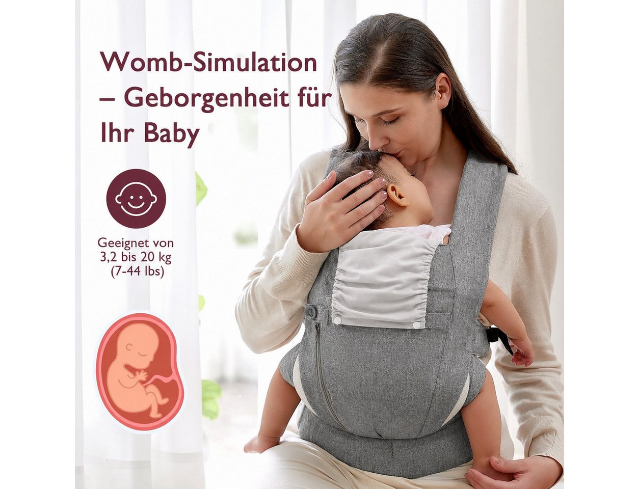 Fyrove Babytrage Neugeborene ab Geburt, Kleinkindtrage aus 100% Baumwolle (Ergobaby Babytrage mit Ein-Klick-Schnalle, ergonomische M-Position, X-Rücken, für 3,2–20 kg), tragetuch baby neugeboren, babytrage neugeborene ab geburt Bild 4