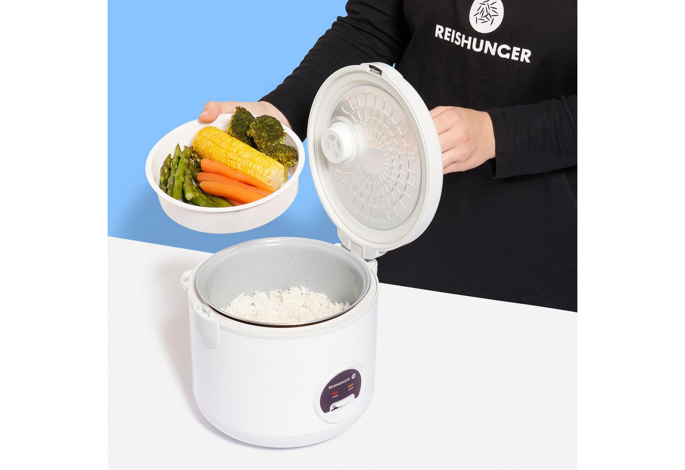 Reishunger Reiskocher Basismodell – 1,2 L – Für 1-6 Personen – Zubereitung ohne Anbrennen –, 500 W, Mit Dampfgarfunktion & Warmhaltefunktion