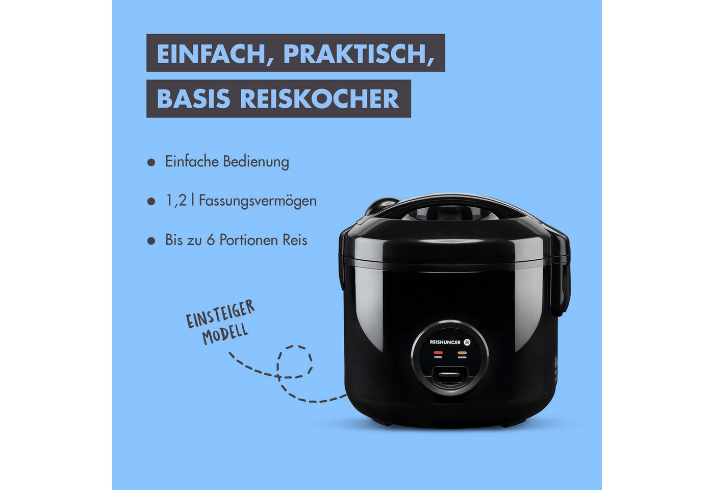 Reishunger Reiskocher Basismodell – 1,2 L – Für 1-6 Personen – Zubereitung ohne Anbrennen –, 500 W, Mit Dampfgarfunktion & Warmhaltefunktion Bild 4