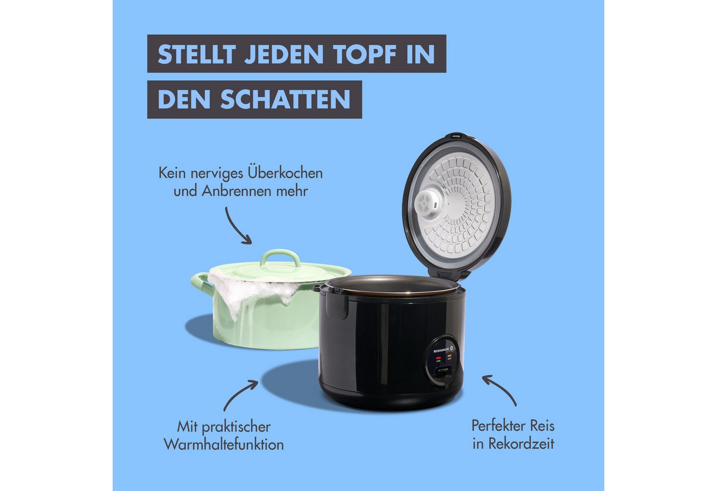 Reishunger Reiskocher Basismodell – 1,2 L – Für 1-6 Personen – Zubereitung ohne Anbrennen –, 500 W, Mit Dampfgarfunktion & Warmhaltefunktion Bild 5