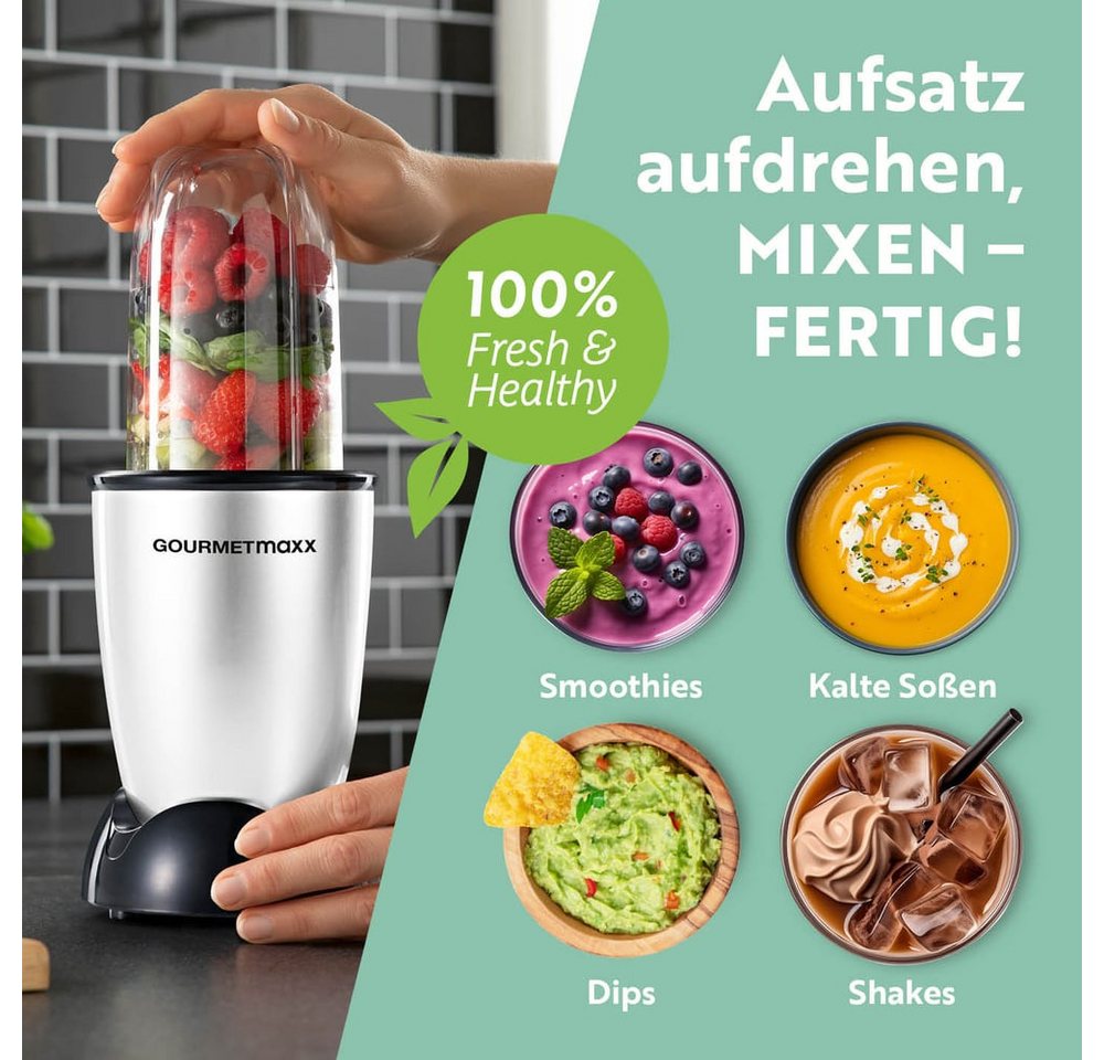 GOURMETmaxx Standmixer Mr. Magic 4-tlg. 400W silber/schwarz, 400 W, Elektrischer Mini-Mixer 500ml pürieren Smoothies Shakes Cocktails