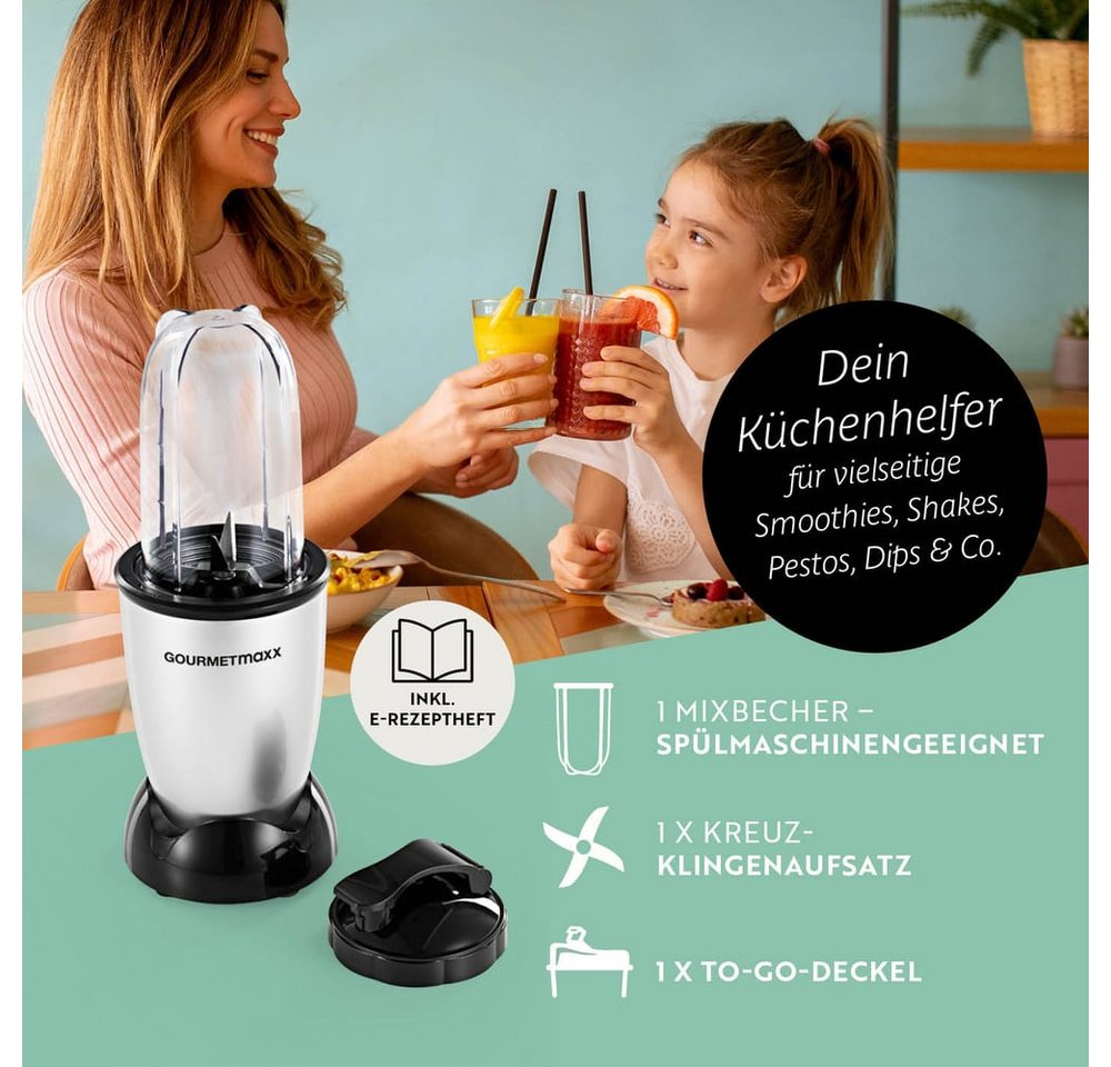 GOURMETmaxx Standmixer Mr. Magic 4-tlg. 400W silber/schwarz, 400 W, Elektrischer Mini-Mixer 500ml pürieren Smoothies Shakes Cocktails Bild 2