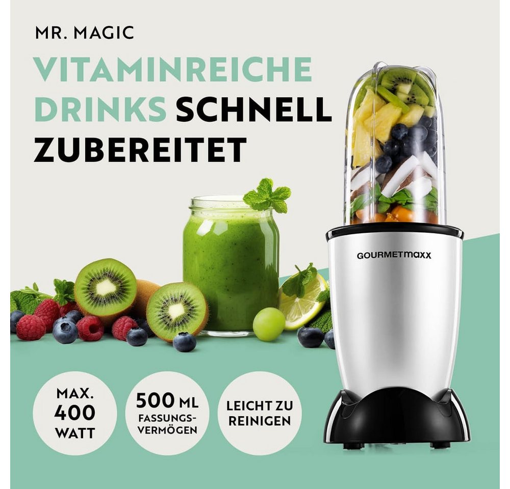 GOURMETmaxx Standmixer Mr. Magic 4-tlg. 400W silber/schwarz, 400 W, Elektrischer Mini-Mixer 500ml pürieren Smoothies Shakes Cocktails Bild 4