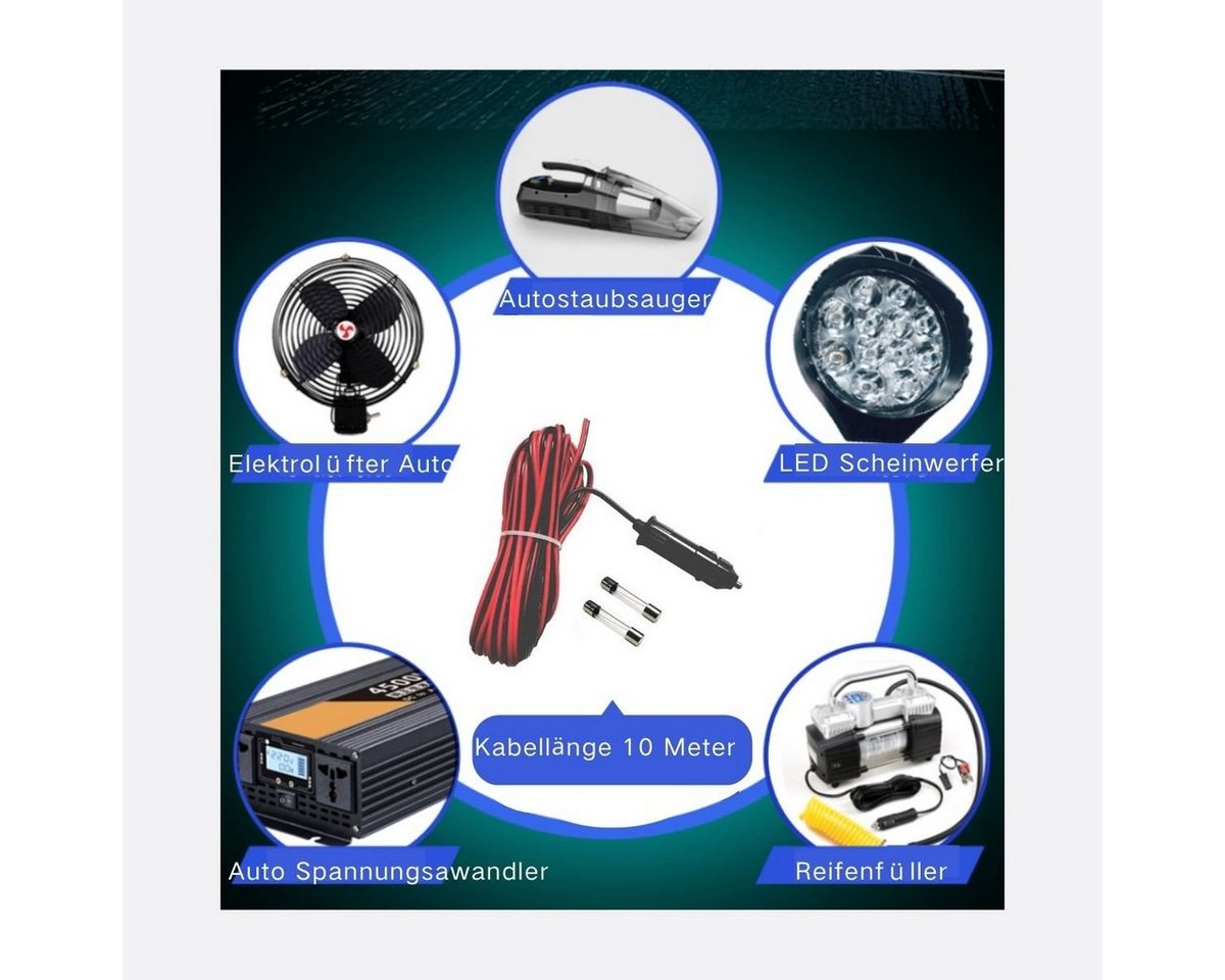 Bolwins D75C 240W 12V/24V KFZ Auto Zigarettenanzünder Stecker 10m Stromkabel Netzkabel, KFZ Zigarettenanzünder-Stecker (12V/24V), Offene Kabelenden (rot = Plus / schwarz = Minus) (1000 cm), Inklusive 2 Sicherungen, hohe Belastbarkeit bis 240W, lange Kabellänge