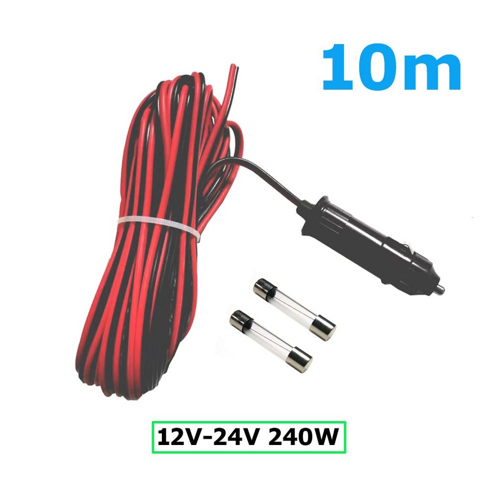 Bolwins D75C 240W 12V/24V KFZ Auto Zigarettenanzünder Stecker 10m Stromkabel Netzkabel, KFZ Zigarettenanzünder-Stecker (12V/24V), Offene Kabelenden (rot = Plus / schwarz = Minus) (1000 cm), Inklusive 2 Sicherungen, hohe Belastbarkeit bis 240W, lange Kabellänge Bild 4