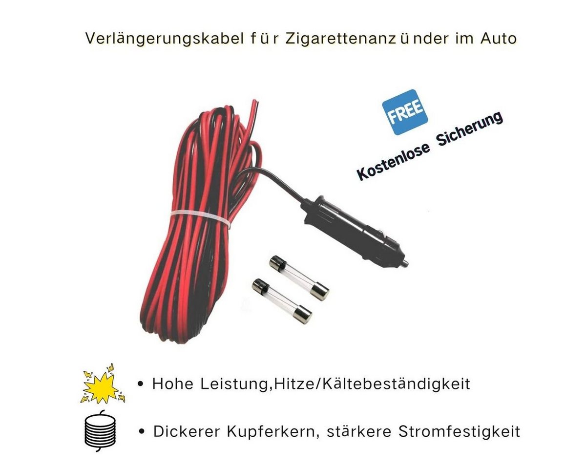 Bolwins D75C 240W 12V/24V KFZ Auto Zigarettenanzünder Stecker 10m Stromkabel Netzkabel, KFZ Zigarettenanzünder-Stecker (12V/24V), Offene Kabelenden (rot = Plus / schwarz = Minus) (1000 cm), Inklusive 2 Sicherungen, hohe Belastbarkeit bis 240W, lange Kabellänge Bild 5