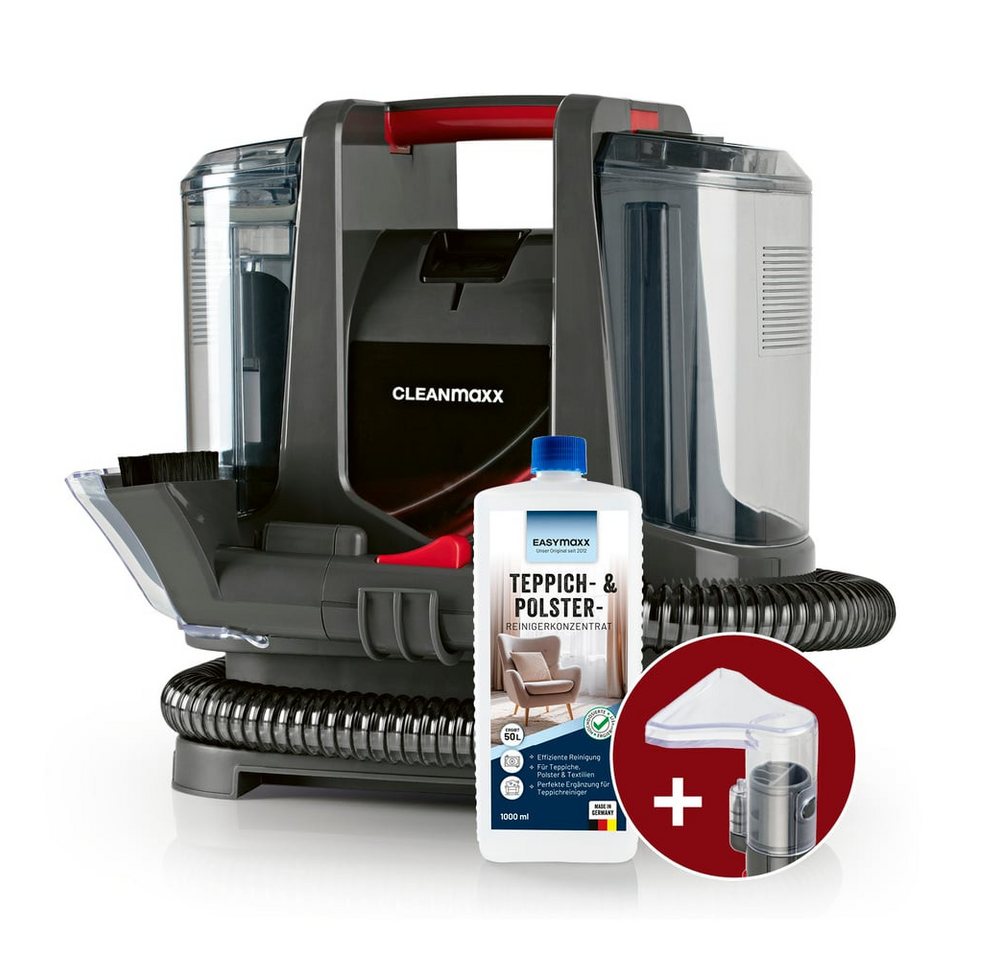 CLEANmaxx Teppichreinigungsgerät Polster- & Teppichreiniger 400W anthrazit/rot, 400 W, mit Frisch- & Brauchwassertank und Shampoo