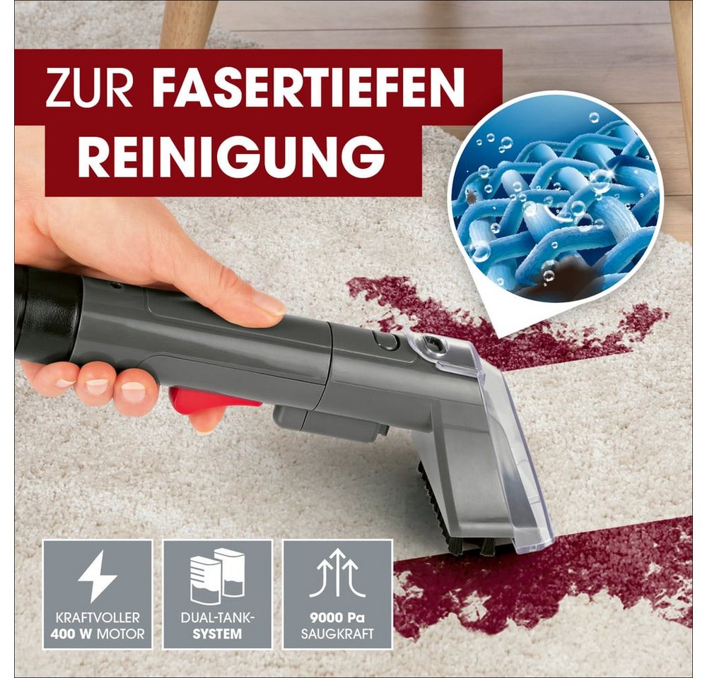 CLEANmaxx Teppichreinigungsgerät Polster- & Teppichreiniger 400W anthrazit/rot, 400 W, mit Frisch- & Brauchwassertank und Shampoo Bild 5