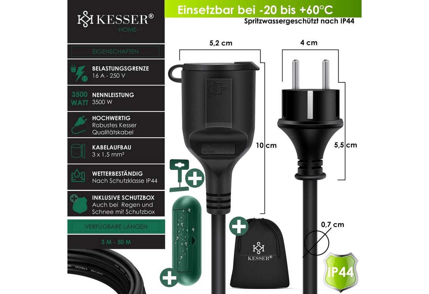 KESSER Verlängerungskabel, (3 cm), Verlängerungskabel mit Schutzkappe Outdoor für Innenbereich Bild 4