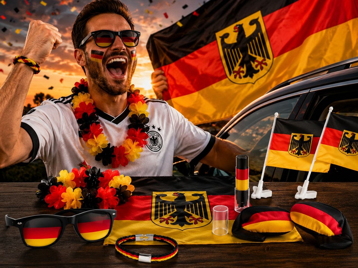 Taffstyle Flagge Fanartikel Set Deutschland Brille Schminke Armband Autoflaggen (Fußball Fan Set Deutschland mit Fahne Fanbrille Autofahnen und Schminke), Fussball Weltmeisterschaft 2026 Bild 2