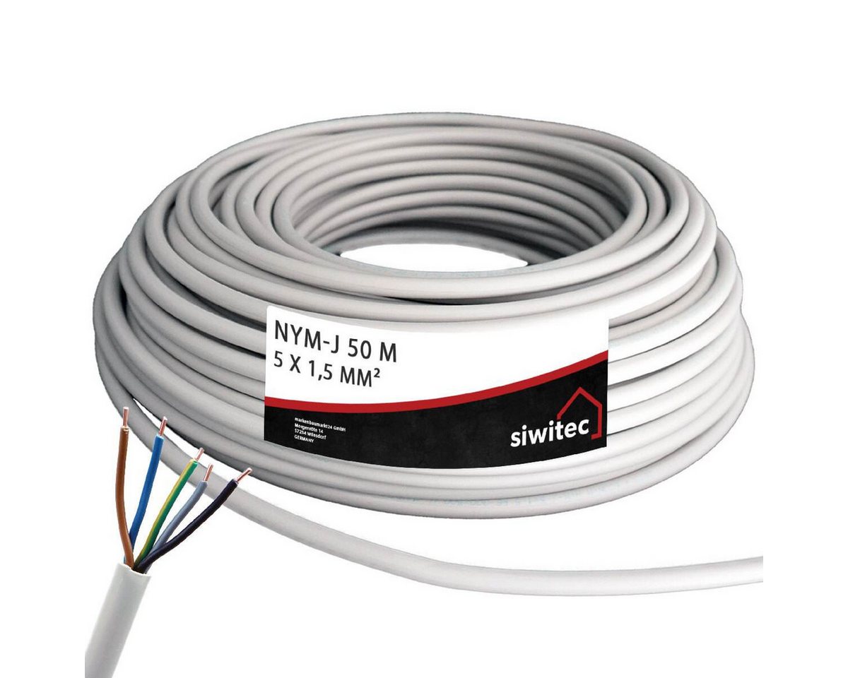 siwitec Kabel, J 5 x 1,5 mm2, 50 m Kabelring, Installationskabel, Mantelleitun Stromkabel, (5000 cm)