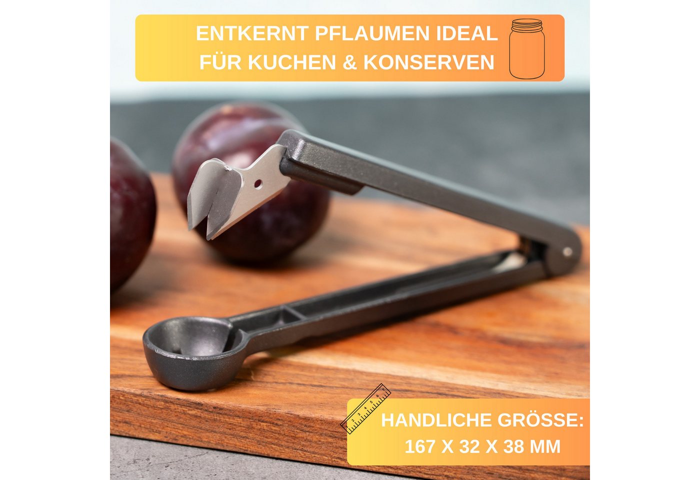 Thiru Entkerner mit robustem sternförmigen Entkernstößel, Pflaumenensteiner, Made in Germany, speziell gehärtetes Messer Bild 2