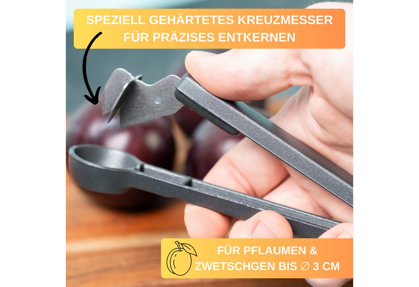 Thiru Entkerner mit robustem sternförmigen Entkernstößel, Pflaumenensteiner, Made in Germany, speziell gehärtetes Messer Bild 4