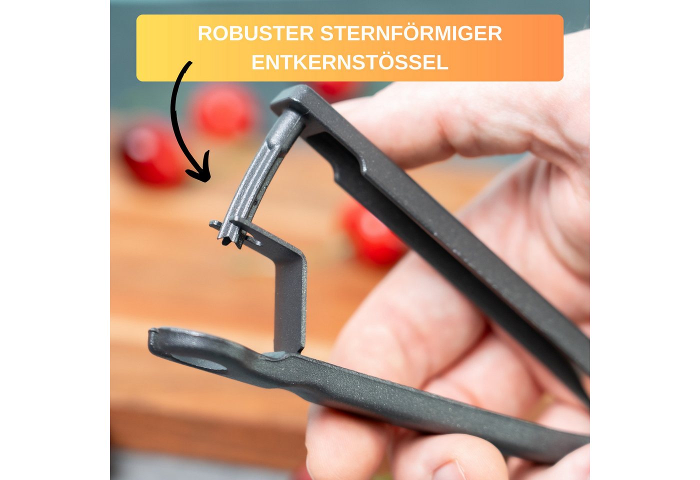 Thiru Entkerner mit robustem sternförmigen Entkernstößel, Kirschentkerner, Made in Germany, robuster Entkernstößel, auch für Kirschen mit Stiel