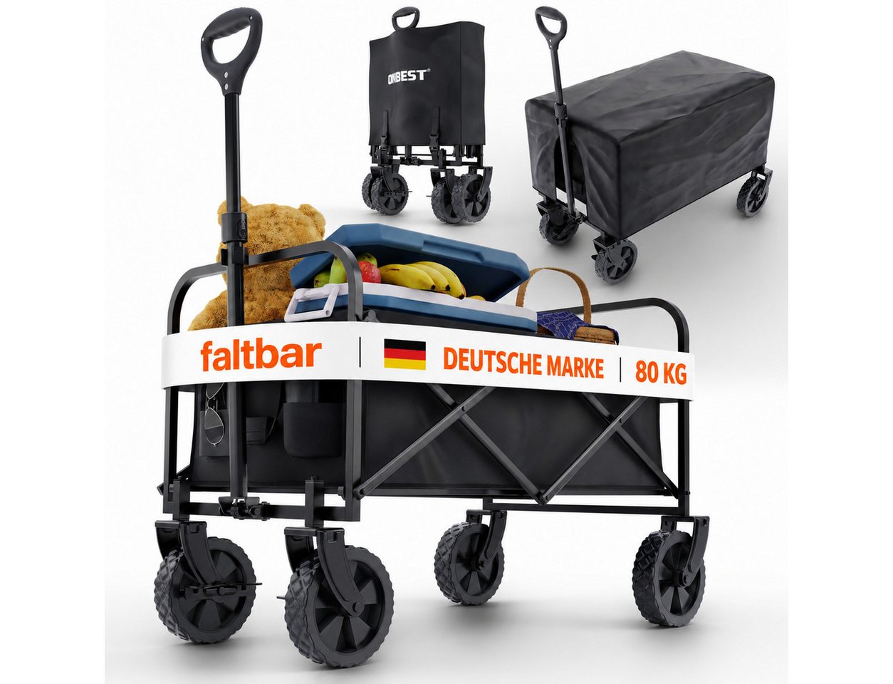 Onbest Bollerwagen PREMIUM Handwagen faltbar mit Schutzabdeckung, Wasserdicht, 61 Liter, Pop Up, bis 80kg
