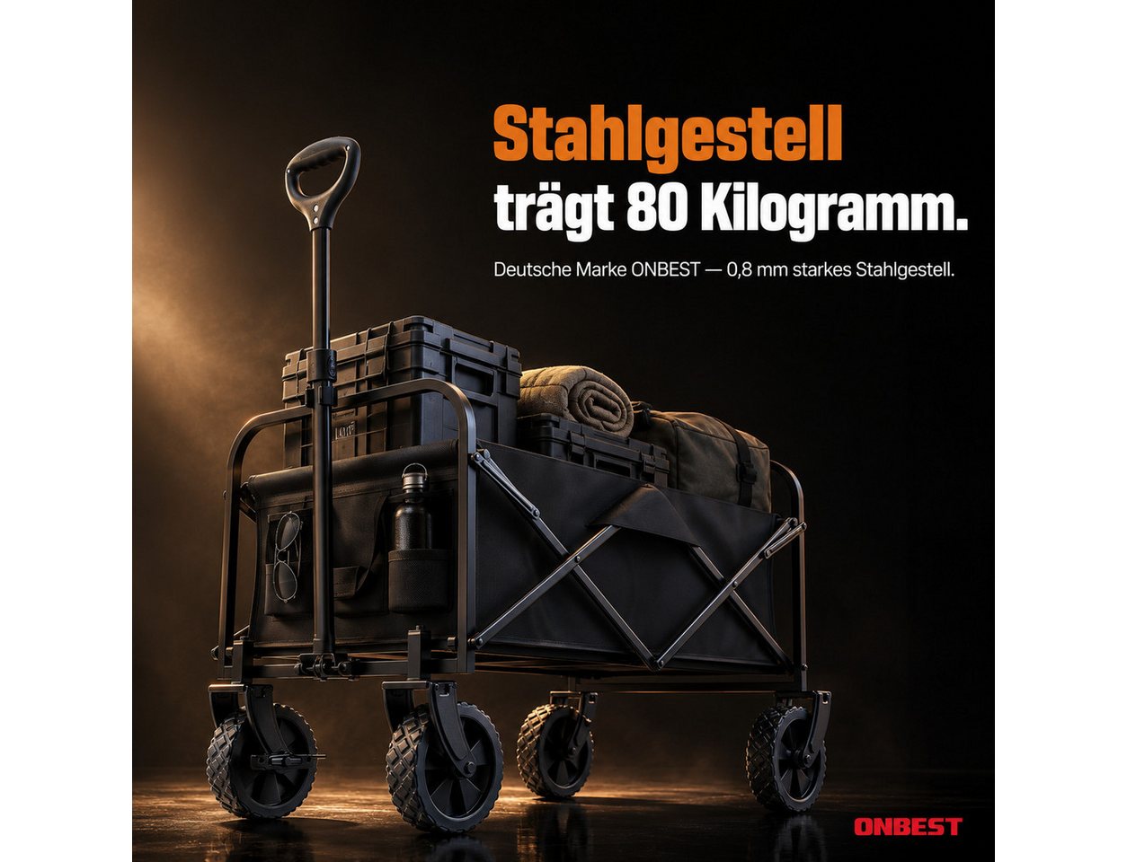 Onbest Bollerwagen PREMIUM Handwagen faltbar mit Schutzabdeckung, Wasserdicht, 61 Liter, Pop Up, bis 80kg Bild 3