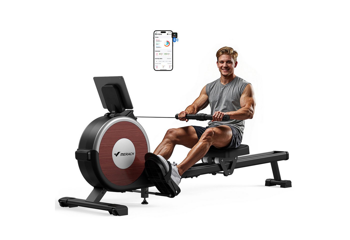 MERACH Rudergerät klappbar, smarter Magnetwiderstand bis 35KG Spitzenkraft (Rudergeräte mit 16 Stufen Einstellbar Widerstand, Doppel-Slide-Rails, Bluetooth Exklusiver App, Verstellbarer Tablethalterung, LCD-Display), ideal für Cardio-Training, Heimfitness, 158kg Belastbar Bild 2