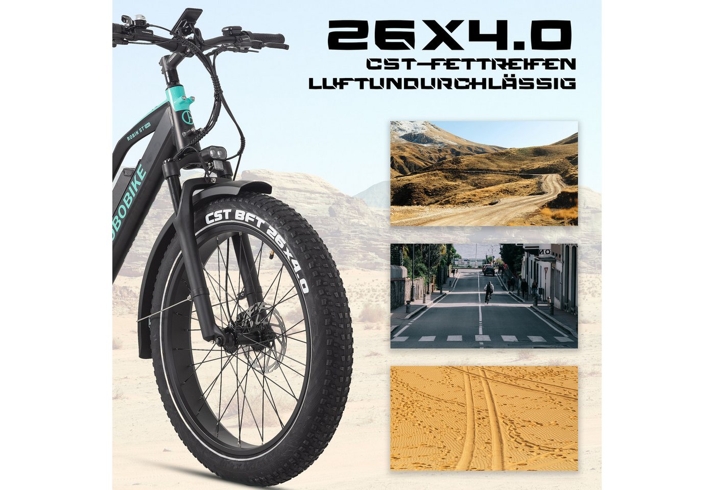 JOBOBIKE E-Bike Mountainbike 26x4 Zoll, bis zu 180km, mit Bremslicht- und Blinker, Fatbike, MTB, 7 Gang Shimano, Kettenschaltung, Heckmotor, 840 Wh, (LCD-Farbdisplay, für Asphalt, Schotter und Gelände, Aluminiumrahmen), 5 Stufen, Gefederte Sattelstütze, Elektrofahrrad für Damen und Herren