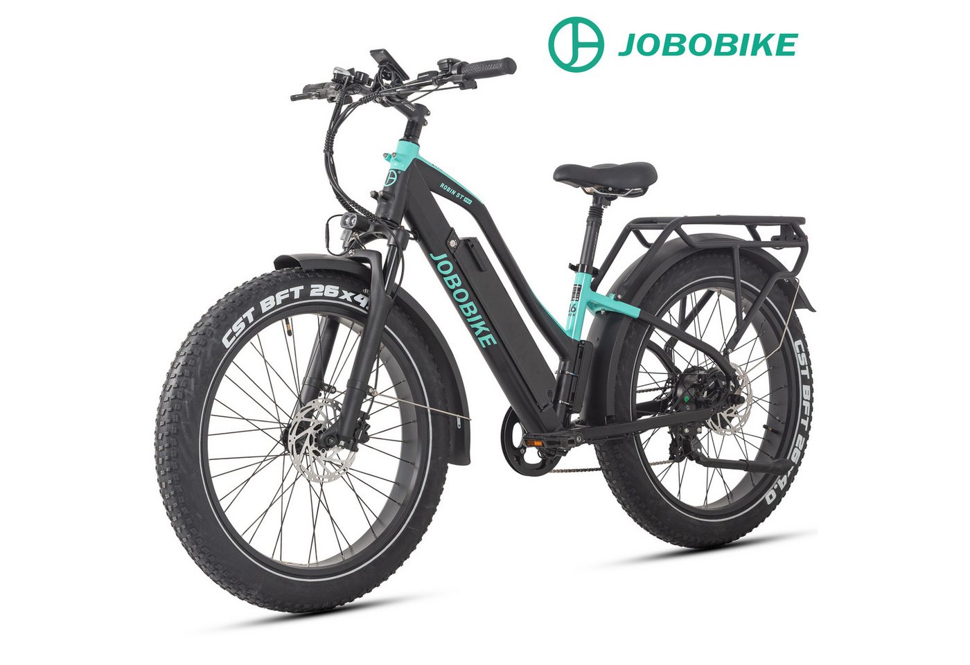 JOBOBIKE E-Bike Mountainbike 26x4 Zoll, bis zu 180km, mit Bremslicht- und Blinker, Fatbike, MTB, 7 Gang Shimano, Kettenschaltung, Heckmotor, 840 Wh, (LCD-Farbdisplay, für Asphalt, Schotter und Gelände, Aluminiumrahmen), 5 Stufen, Gefederte Sattelstütze, Elektrofahrrad für Damen und Herren Bild 3