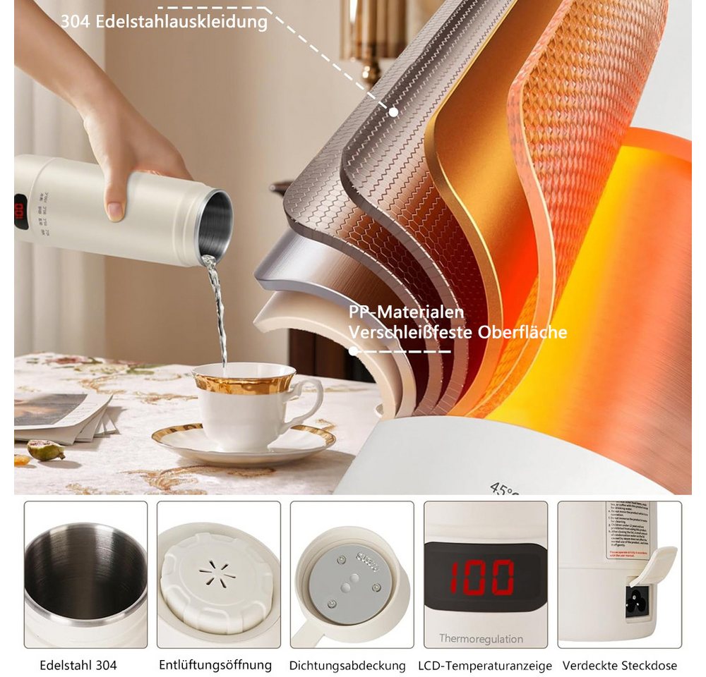 TUWENA Wasserkocher Reise Wasserkocher Klein, 400ML Mini Tragbarer Elektrische Wassertasse, 300W Schnellkoch-4 einstellbare Temperatur -Automatischer Abschaltung