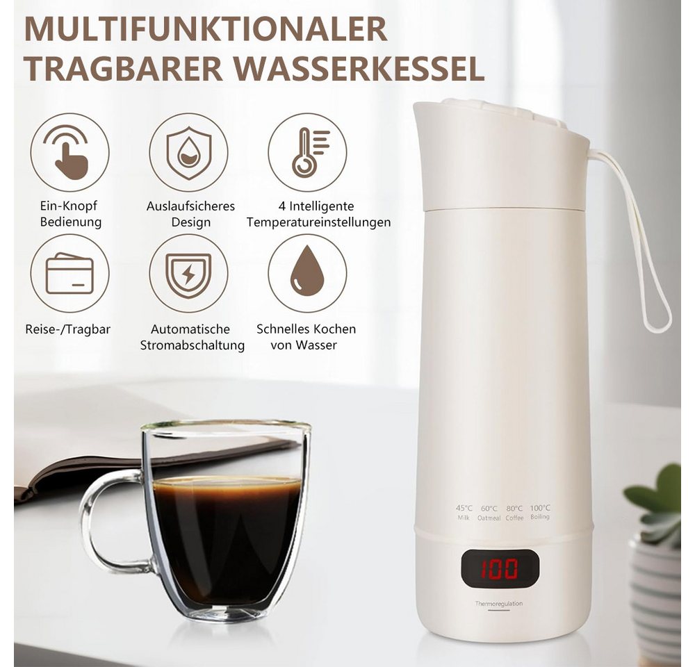TUWENA Wasserkocher Reise Wasserkocher Klein, 400ML Mini Tragbarer Elektrische Wassertasse, 300W Schnellkoch-4 einstellbare Temperatur -Automatischer Abschaltung Bild 3