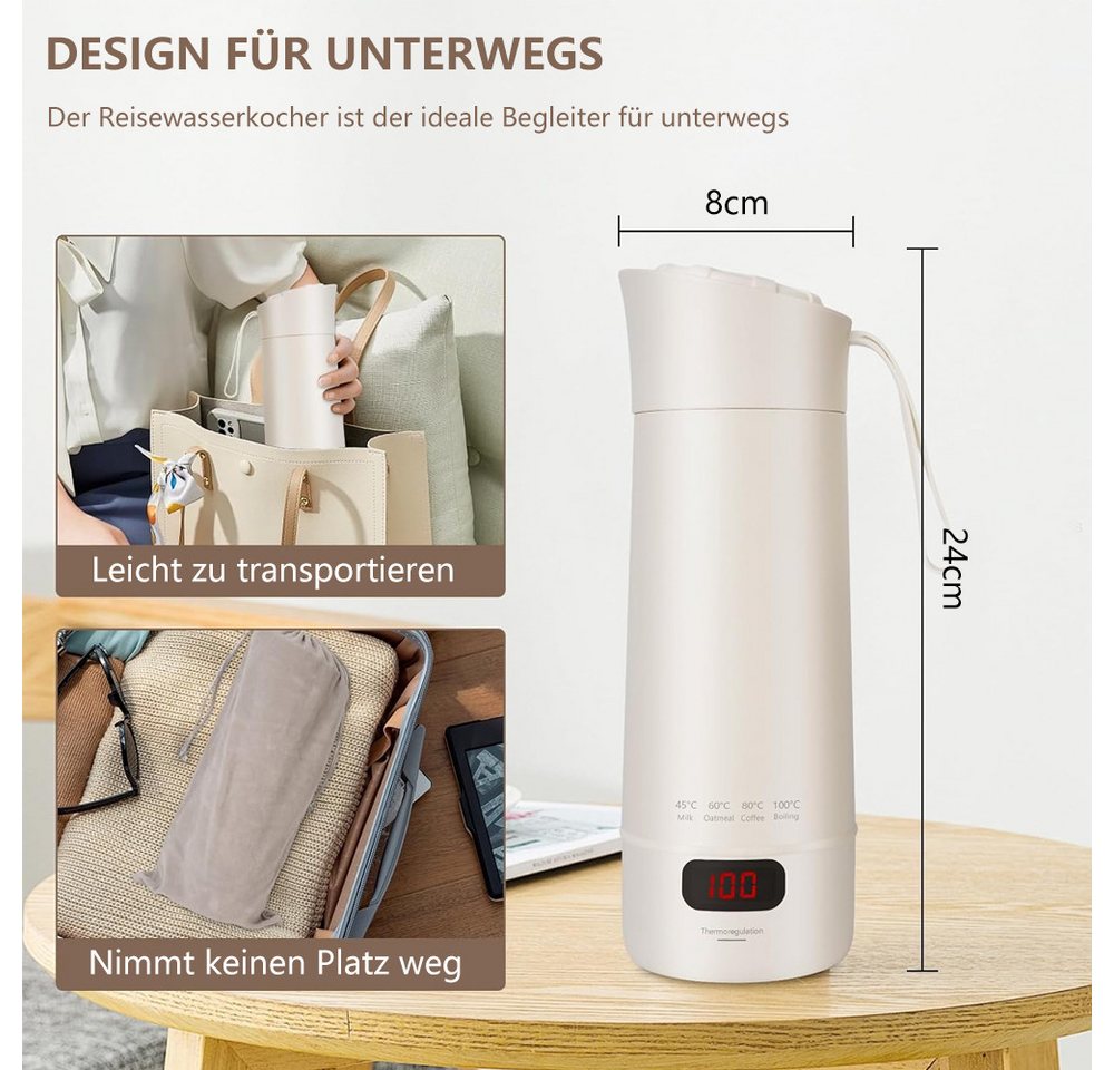 TUWENA Wasserkocher Reise Wasserkocher Klein, 400ML Mini Tragbarer Elektrische Wassertasse, 300W Schnellkoch-4 einstellbare Temperatur -Automatischer Abschaltung Bild 4