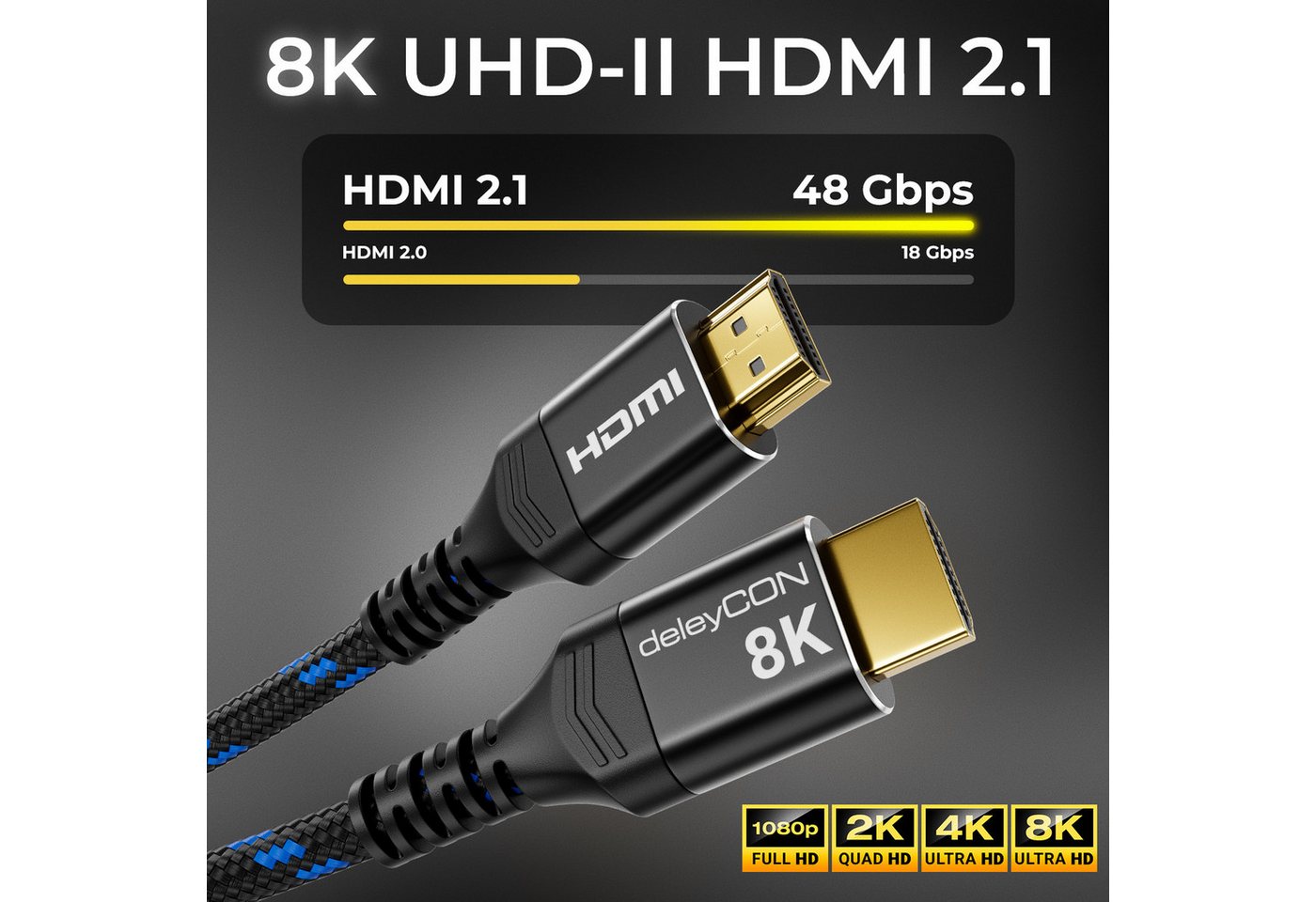 deleyCON deleyCON 3,0m 8K HDMI 2.1 Kabel UHD 2160p 8K@60Hz 4K@120Hz ARC CEC HDMI-Kabel Bild 2