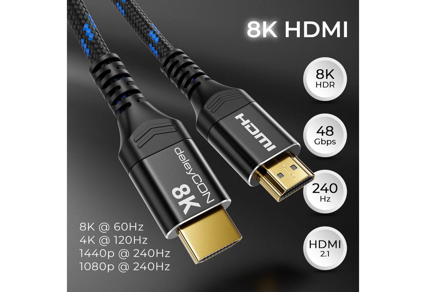 deleyCON deleyCON 3,0m 8K HDMI 2.1 Kabel UHD 2160p 8K@60Hz 4K@120Hz ARC CEC HDMI-Kabel Bild 4