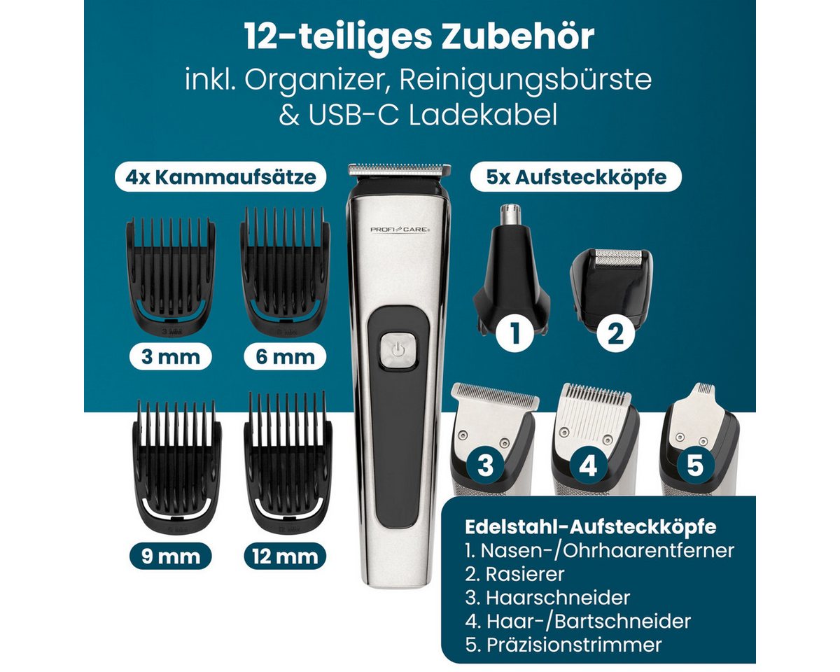 ProfiCare Haar- und Bartschneider PC-HSM/R 3143, Profi Haarschneidemaschine 3-12mm, 5 Scherköpfe