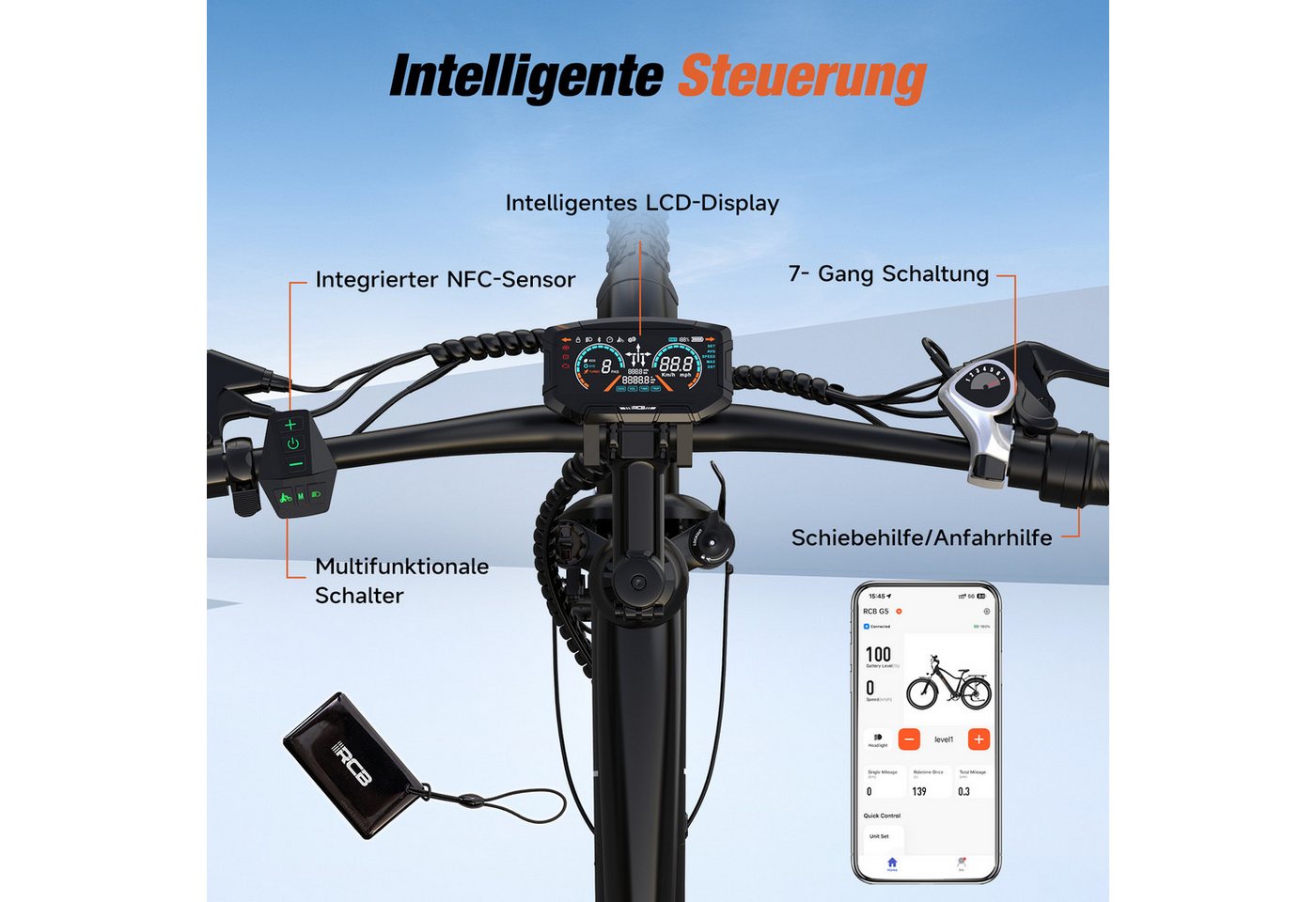 RCB E-Bike Pedelec G5 für Stadt und Gelände,27,5Zoll Herren Elektrofahrrad,13Ah,80-120 km, 7 Gang, Kettenschaltung, Heckmotor, 468 Wh, APP&NFC, ebike Herren, Drehmomentsensor, max. Geschwindigkeit: 25 km/h Bild 4