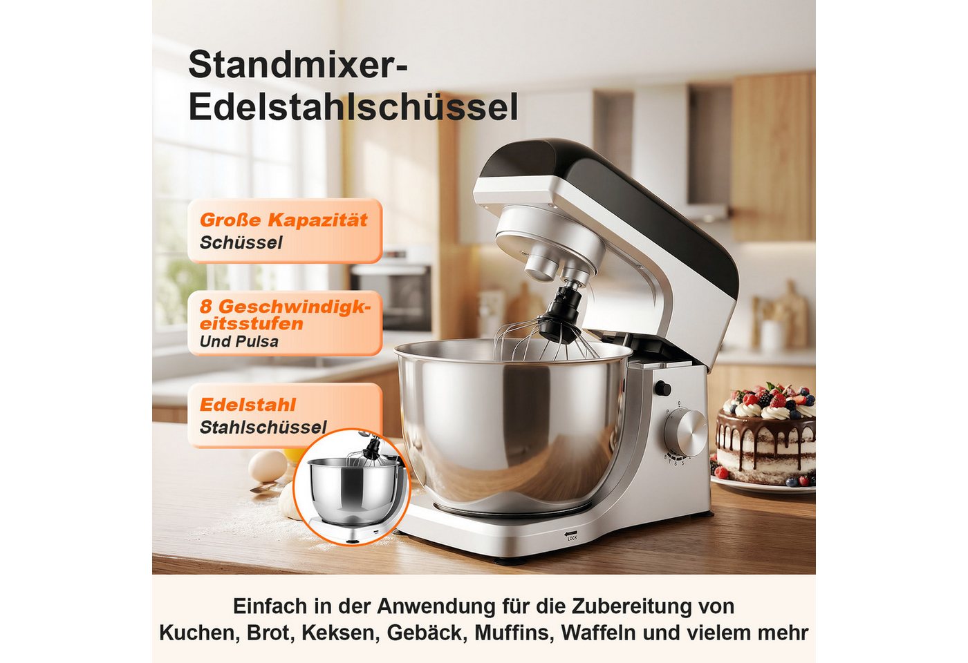 oyajia Küchenmaschine SM-1521X Küchenmaschine, 5,5 l Edelstahl Schüssel, Safe-Use-Sicherheitssystem, Metallgehäuse, inkl. 3-Teiligem Patisserie-Set und Spritzschutz, 1000 W, 5,5 l Schüssel, stufenloser Geschwindigkeitsregler Bild 2