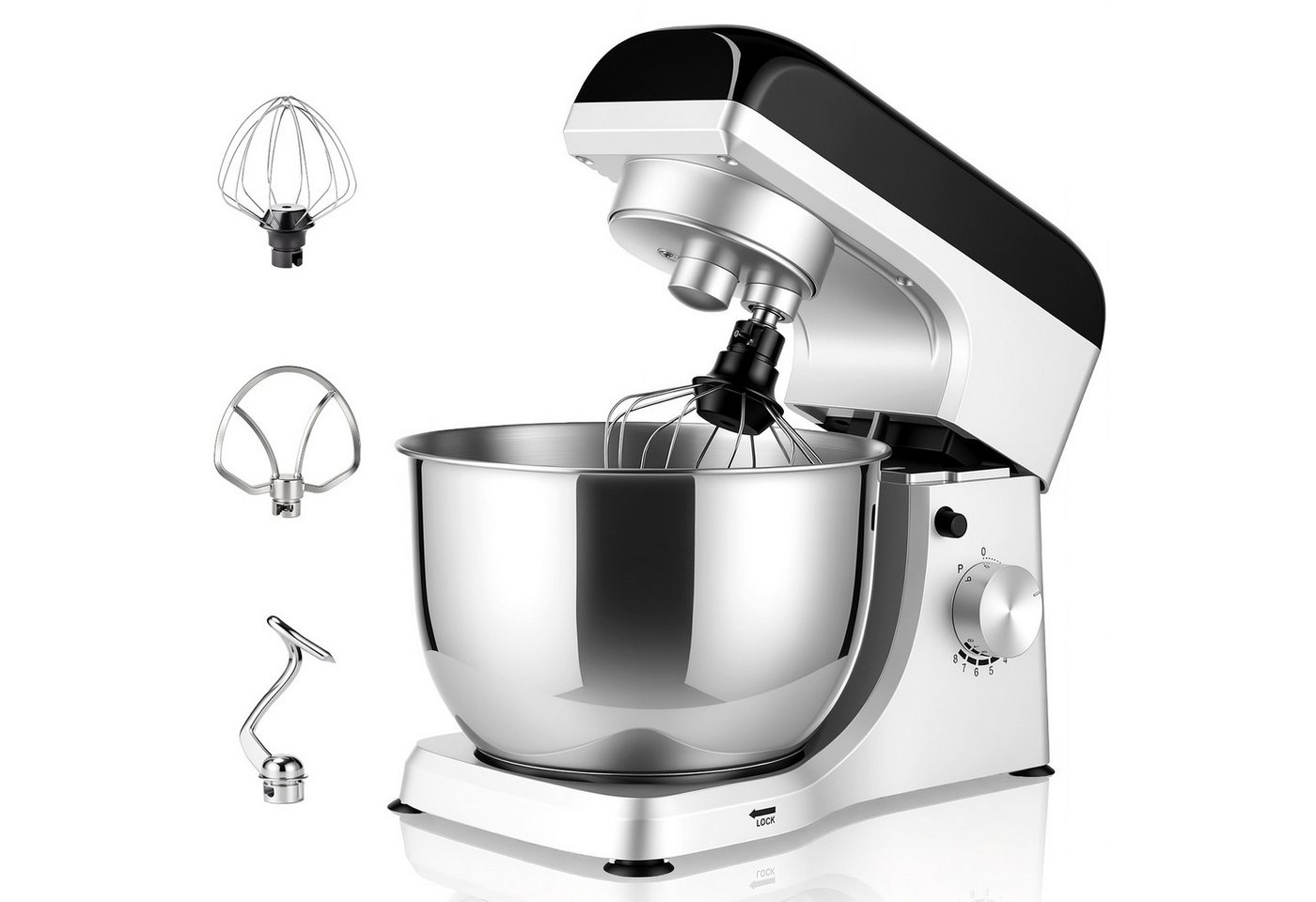 oyajia Küchenmaschine SM-1521X Küchenmaschine, 5,5 l Edelstahl Schüssel, Safe-Use-Sicherheitssystem, Metallgehäuse, inkl. 3-Teiligem Patisserie-Set und Spritzschutz, 1000 W, 5,5 l Schüssel, stufenloser Geschwindigkeitsregler Bild 3