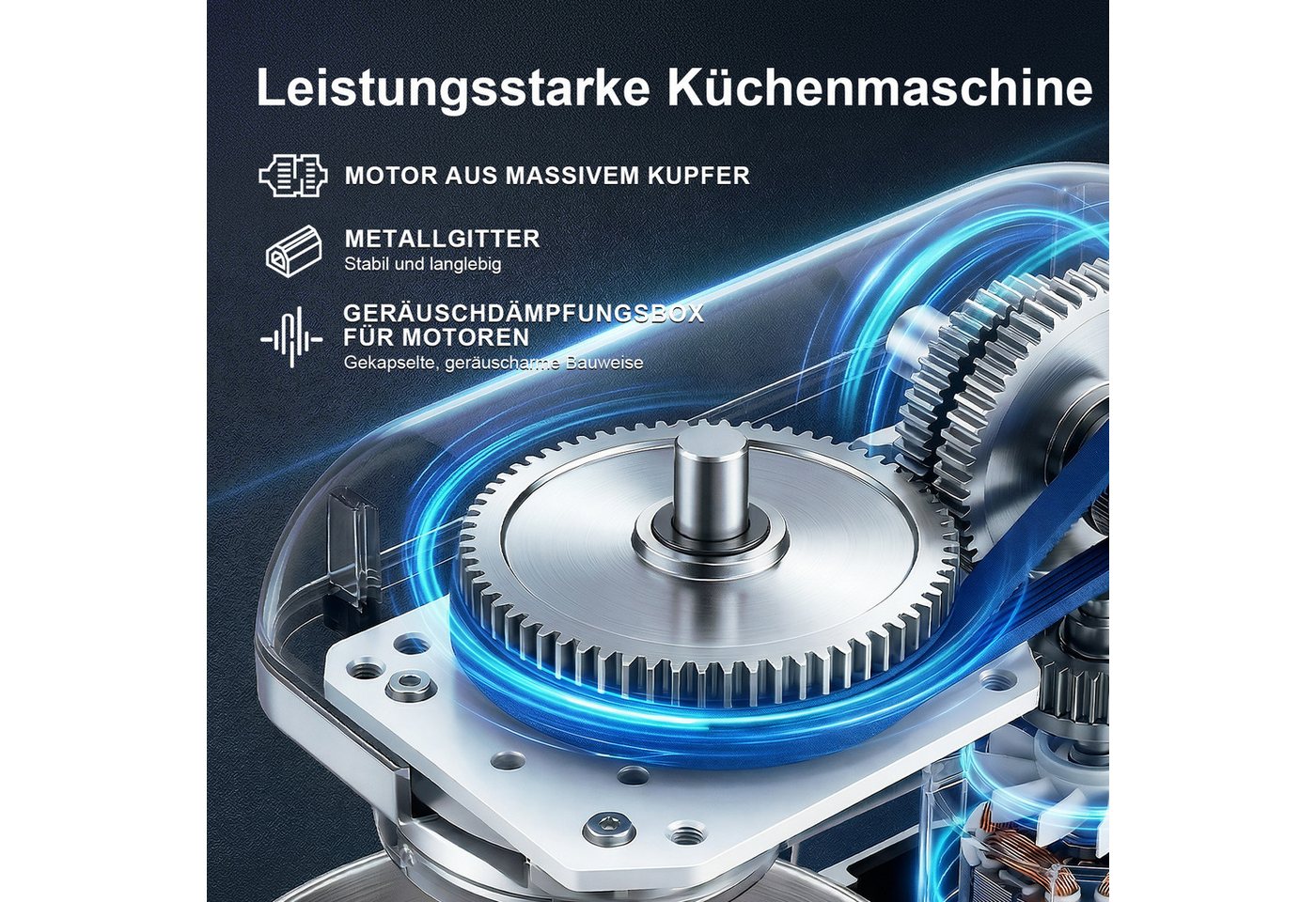oyajia Küchenmaschine SM-1521X Küchenmaschine, 5,5 l Edelstahl Schüssel, Safe-Use-Sicherheitssystem, Metallgehäuse, inkl. 3-Teiligem Patisserie-Set und Spritzschutz, 1000 W, 5,5 l Schüssel, stufenloser Geschwindigkeitsregler Bild 4