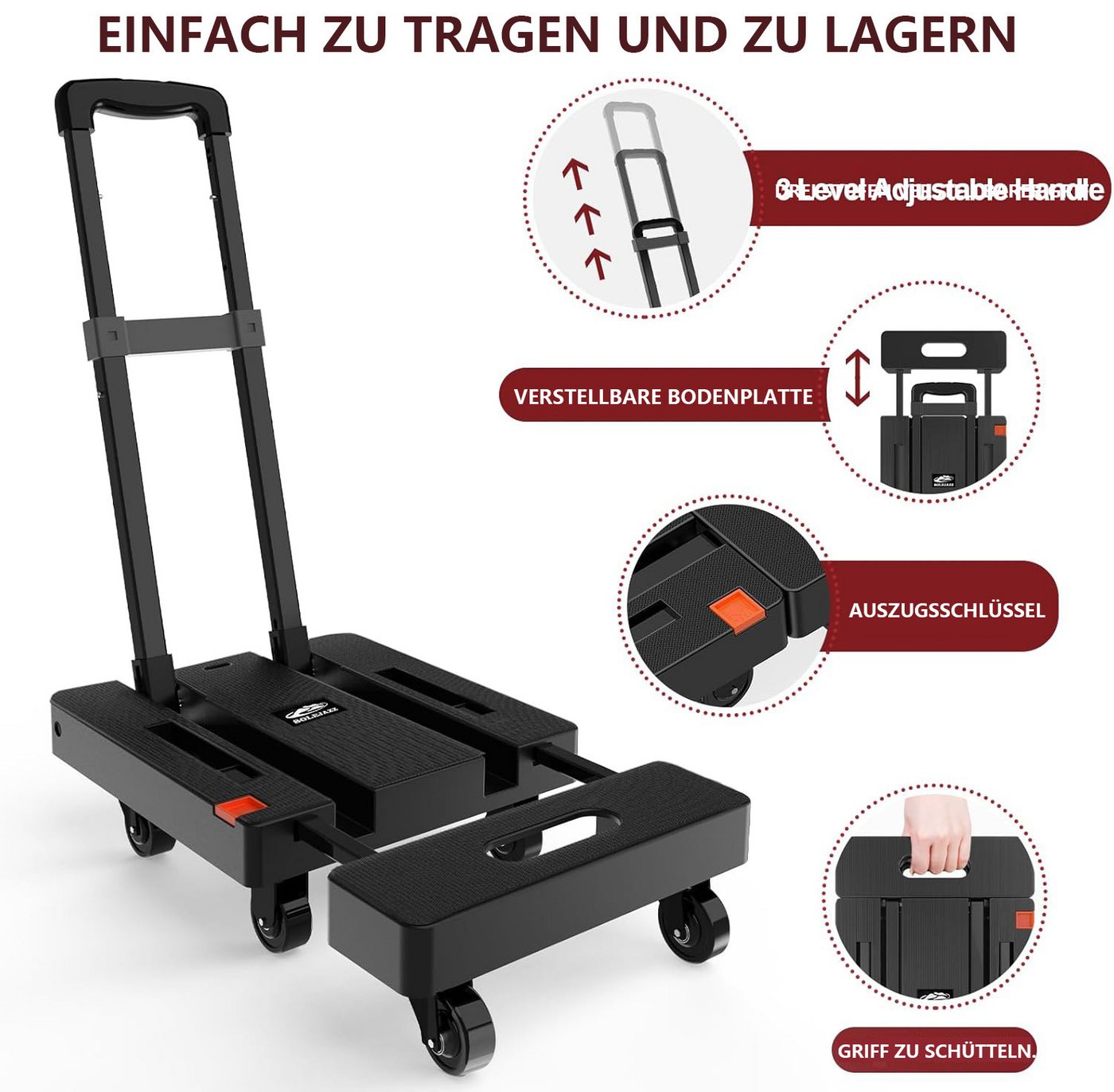 SPACEKEEPER Handwagen Faltbar, bis 230 kg Tragkraft, Plattformwagen mit 6 Rädern, (1-St), rutschfest, inkl. 2 Gurten für Reisen, Umzug, Einkauf und Büro Bild 5