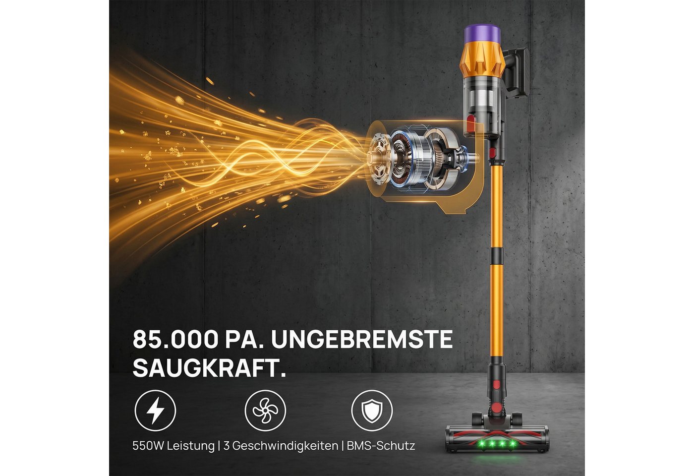 AKKEE Akku-Hand-und Stielstaubsauger Akkustaubsauger, 3 Saugstufen, 85000Pa/50 Min, 550 W, Kabellos, Integrierter BMS-Batterieschutzchip, Zyklon-Filtersystem Bild 2