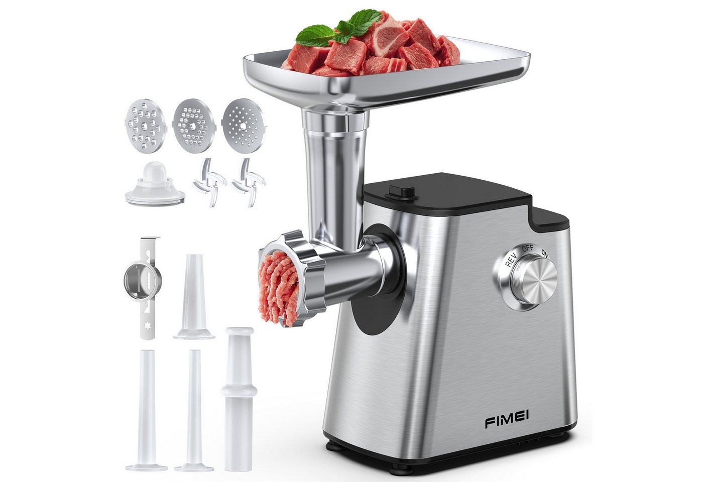 FIMEI Fleischwolf Elektrisch, mit 3 Lochscheiben, 2 Klingen, Wurstfüller & Kubbe-Kit, 500 W, 4-in-1 Fleischwolf, Rücklauffunktion, rutschfest für Hausgebrauch