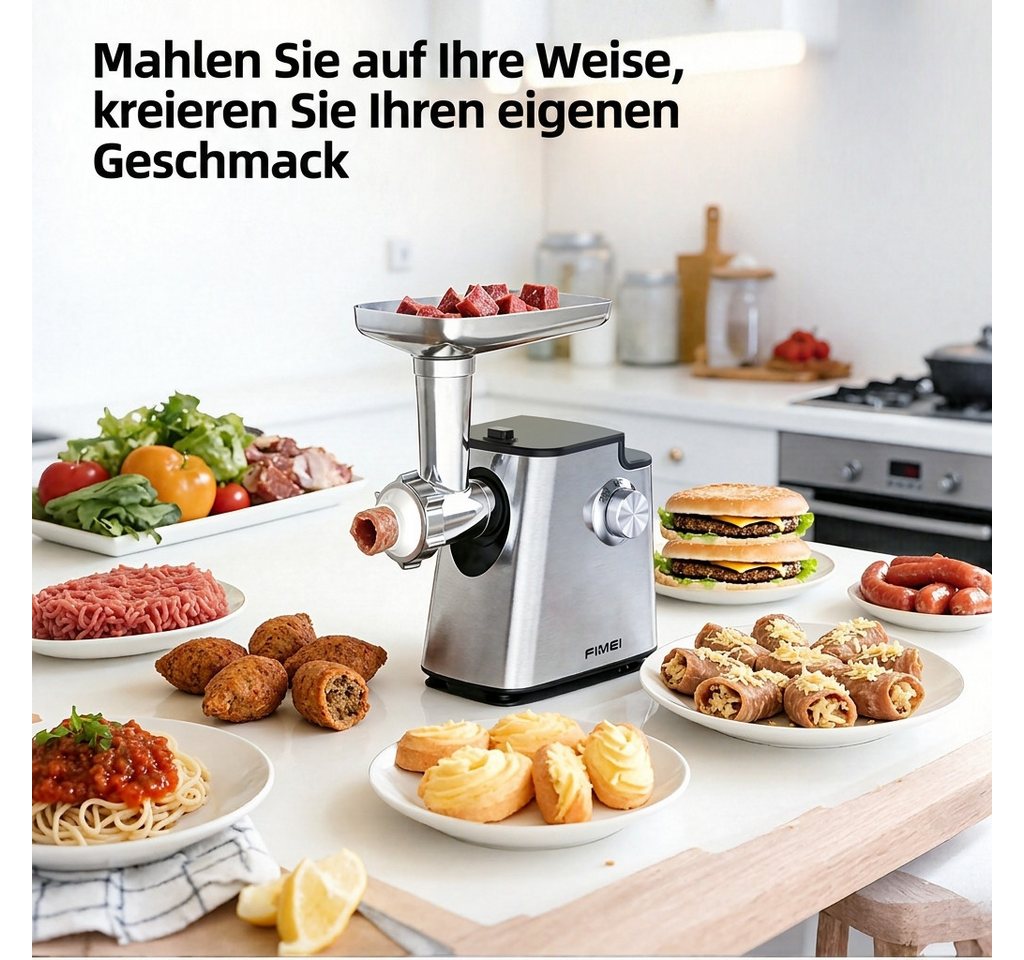 FIMEI Fleischwolf Elektrisch, mit 3 Lochscheiben, 2 Klingen, Wurstfüller & Kubbe-Kit, 500 W, 4-in-1 Fleischwolf, Rücklauffunktion, rutschfest für Hausgebrauch Bild 2