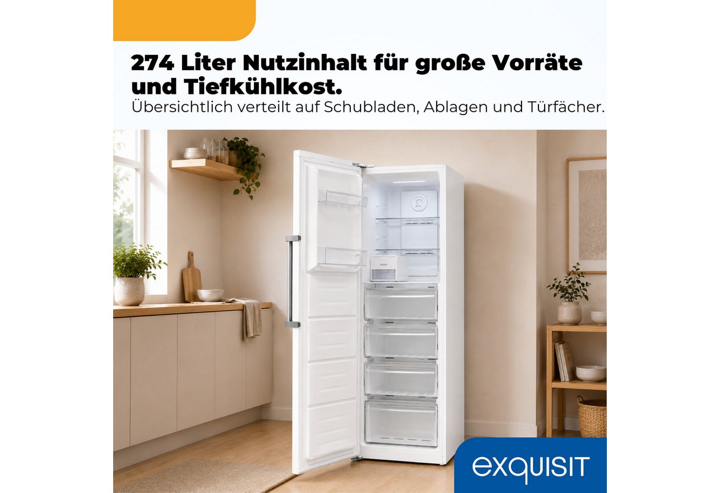 exquisit Gefrierschrank GS5295-NF-H-040C, 185 cm hoch, 60 cm breit, 274 l Nutzinhalt, 17,0 kg, 3 Gefrierschubladen, Energieklasse C