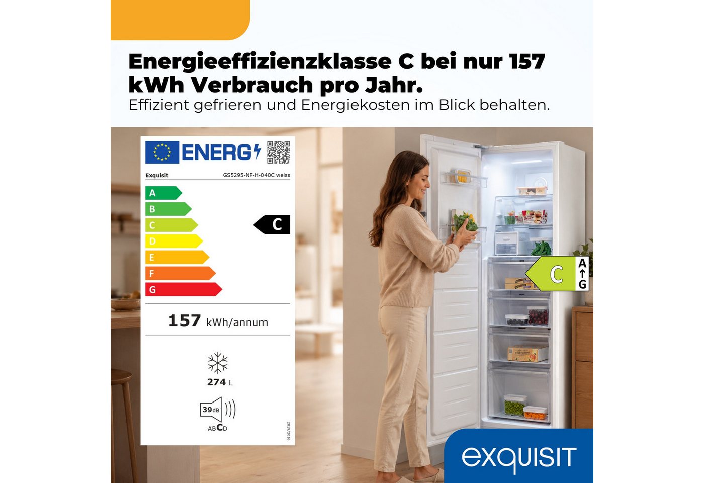 exquisit Gefrierschrank GS5295-NF-H-040C, 185 cm hoch, 60 cm breit, 274 l Nutzinhalt, 17,0 kg, 3 Gefrierschubladen, Energieklasse C Bild 4