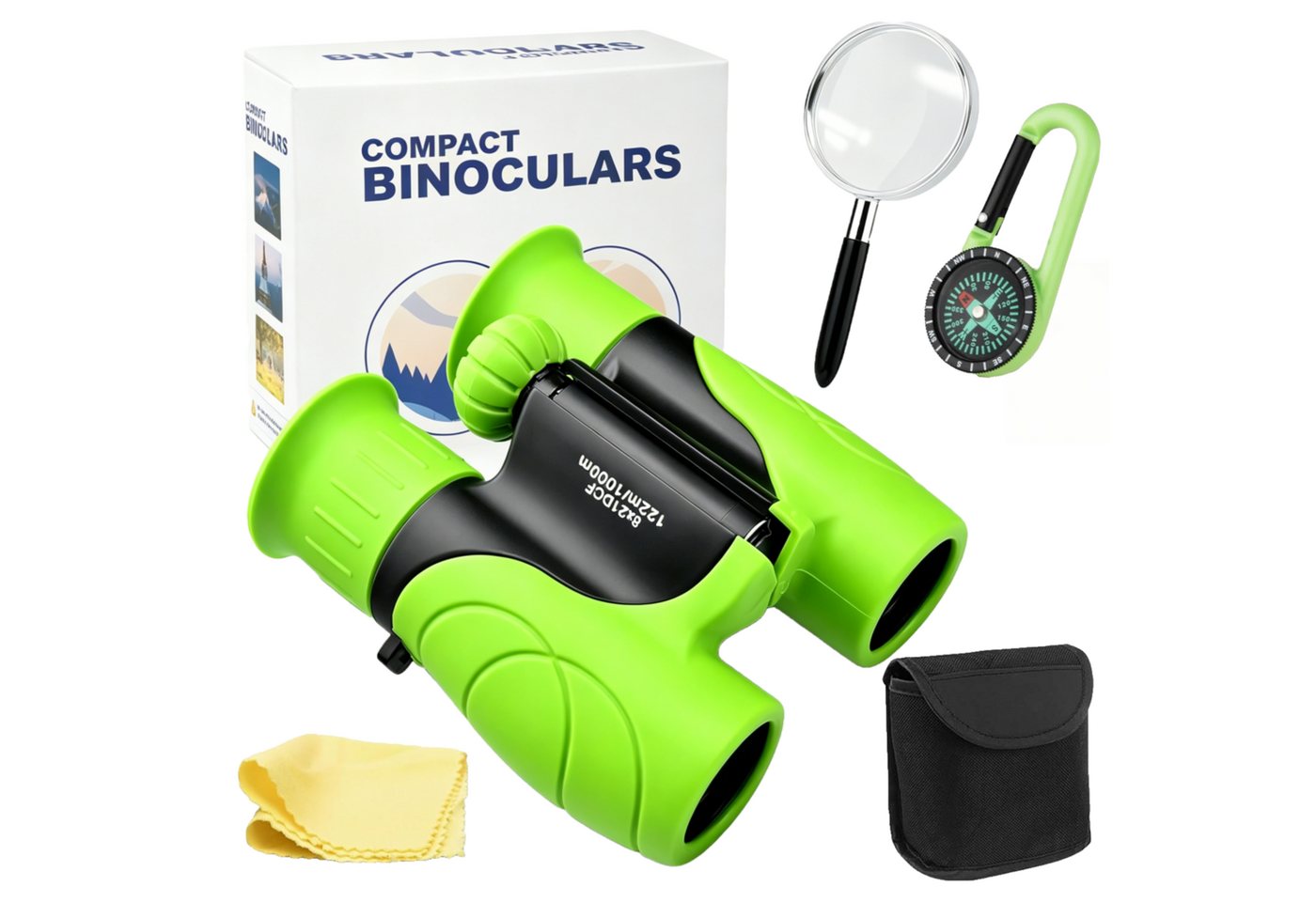 ibettertec 8x21 Kinderfernglas,Outdoor-Spielzeug Fernglas für Kinder,Grün Kinderfernglas (Mit Kompass, Lupe und Reinigungstuch, für Kinder 3-12 Jahre, Geschenk)
